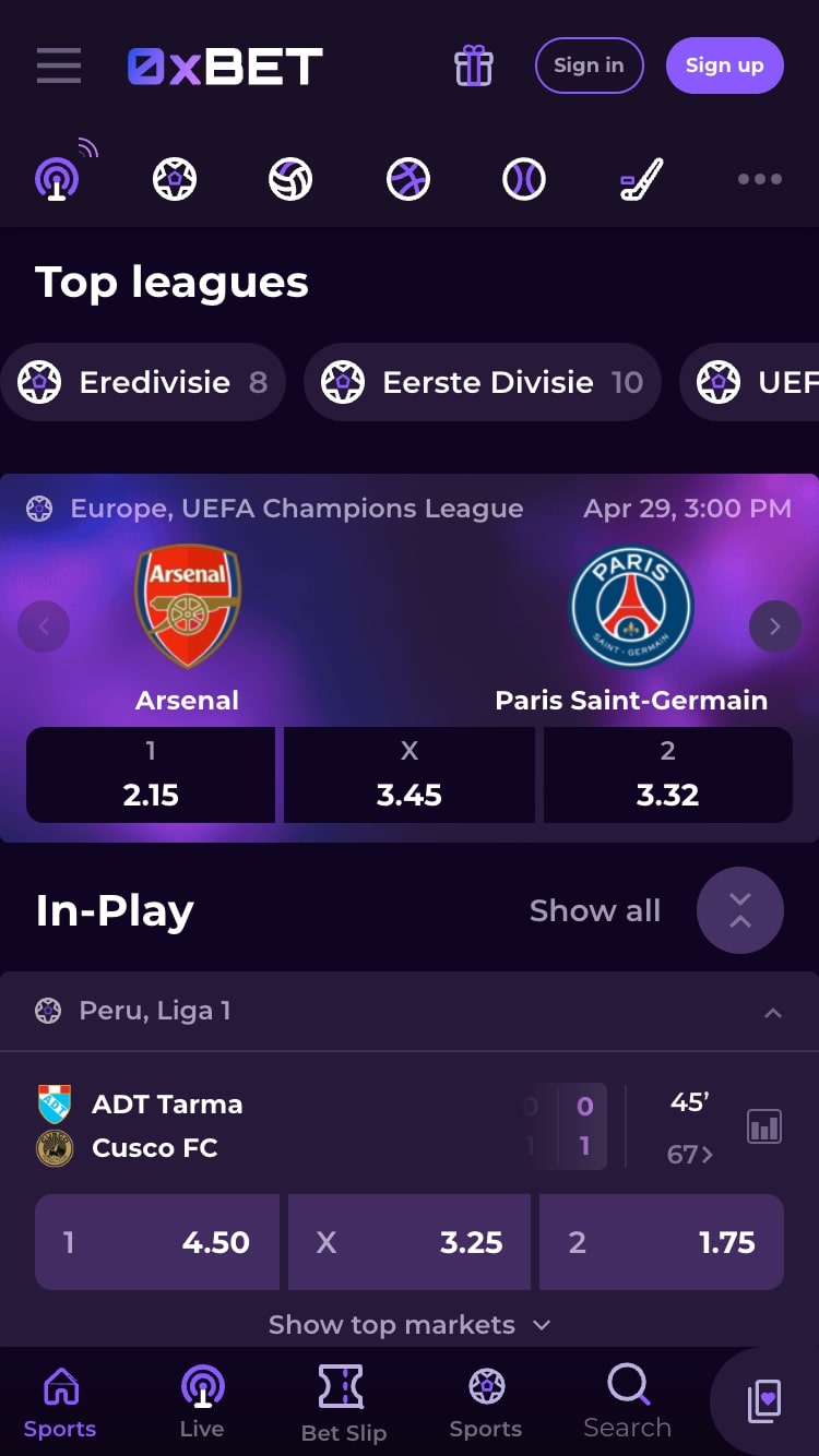 0xBet interface voor sportweddenschappen