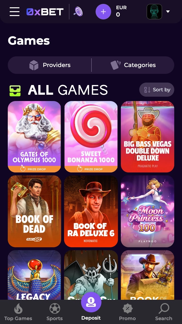 0xBet casino-interface